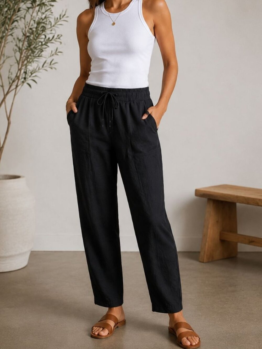 Athleta Black Linen Blend Pull-On Pants Women’s Casual Minimalist Lounge Pants